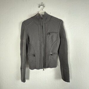 Diane Von Furstenberg Womens Gray Wool Ribbed Full-Zip Cardigan Sweater Small
